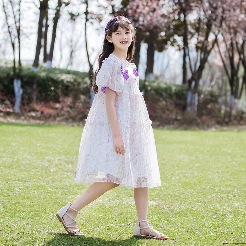 網紗泡泡袖蛋糕裙洋裝-滿版碎花-白+紫