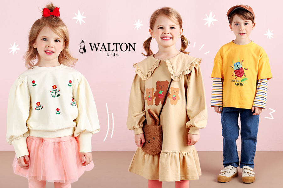 韓國 WALTON kids - 可愛動物印荷葉翻領連身洋裝-草莓熊-淺卡其