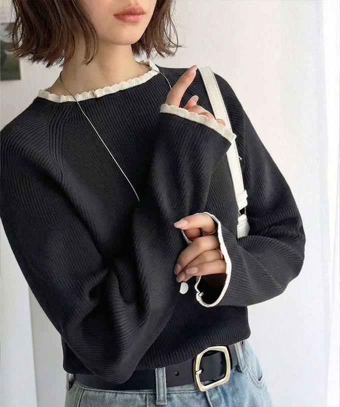 日本 Classical Elf - 羅紋針織典雅滾邊長袖上衣-黑