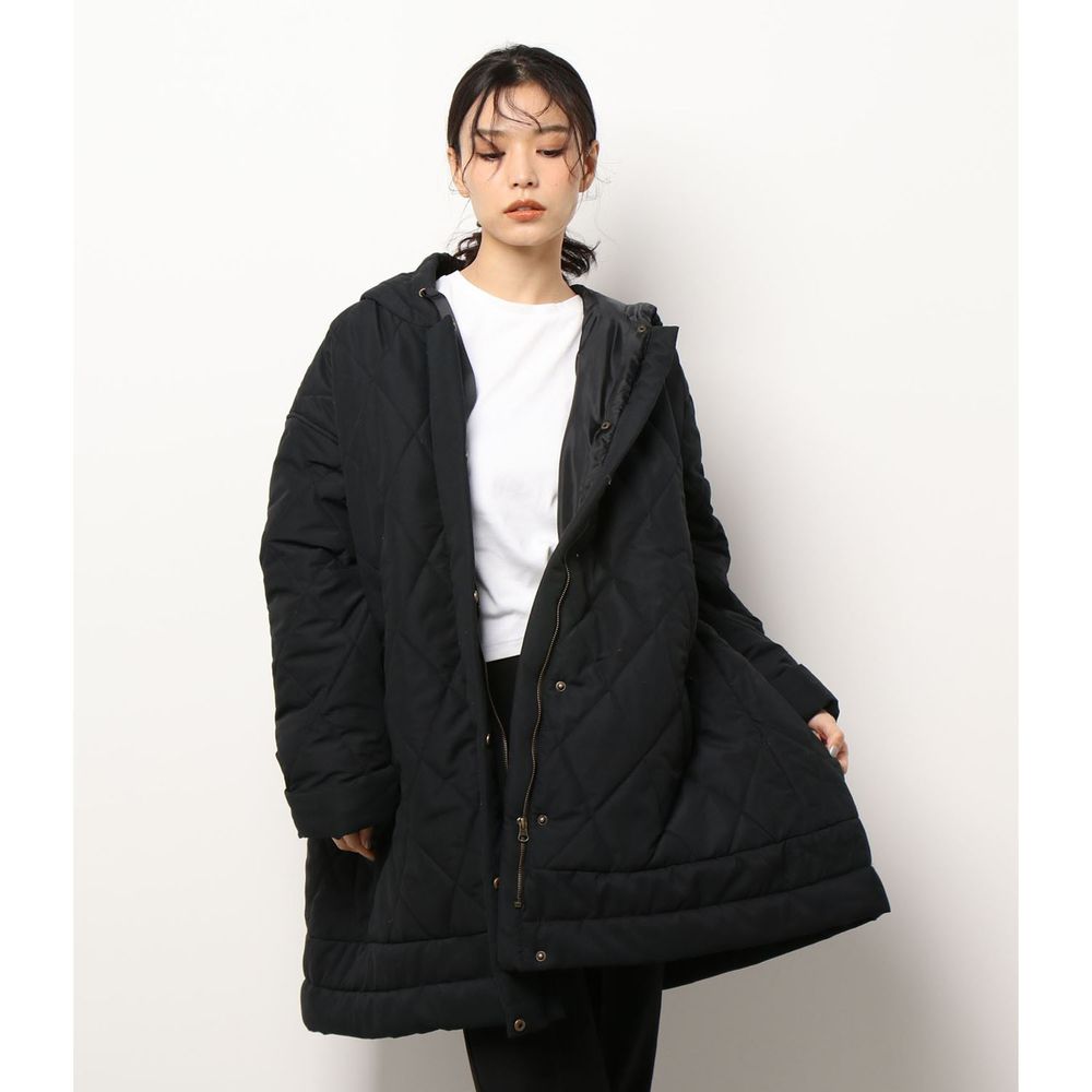 日本 Riche Glamour - 寬鬆菱格連帽鋪棉保暖外套-黑