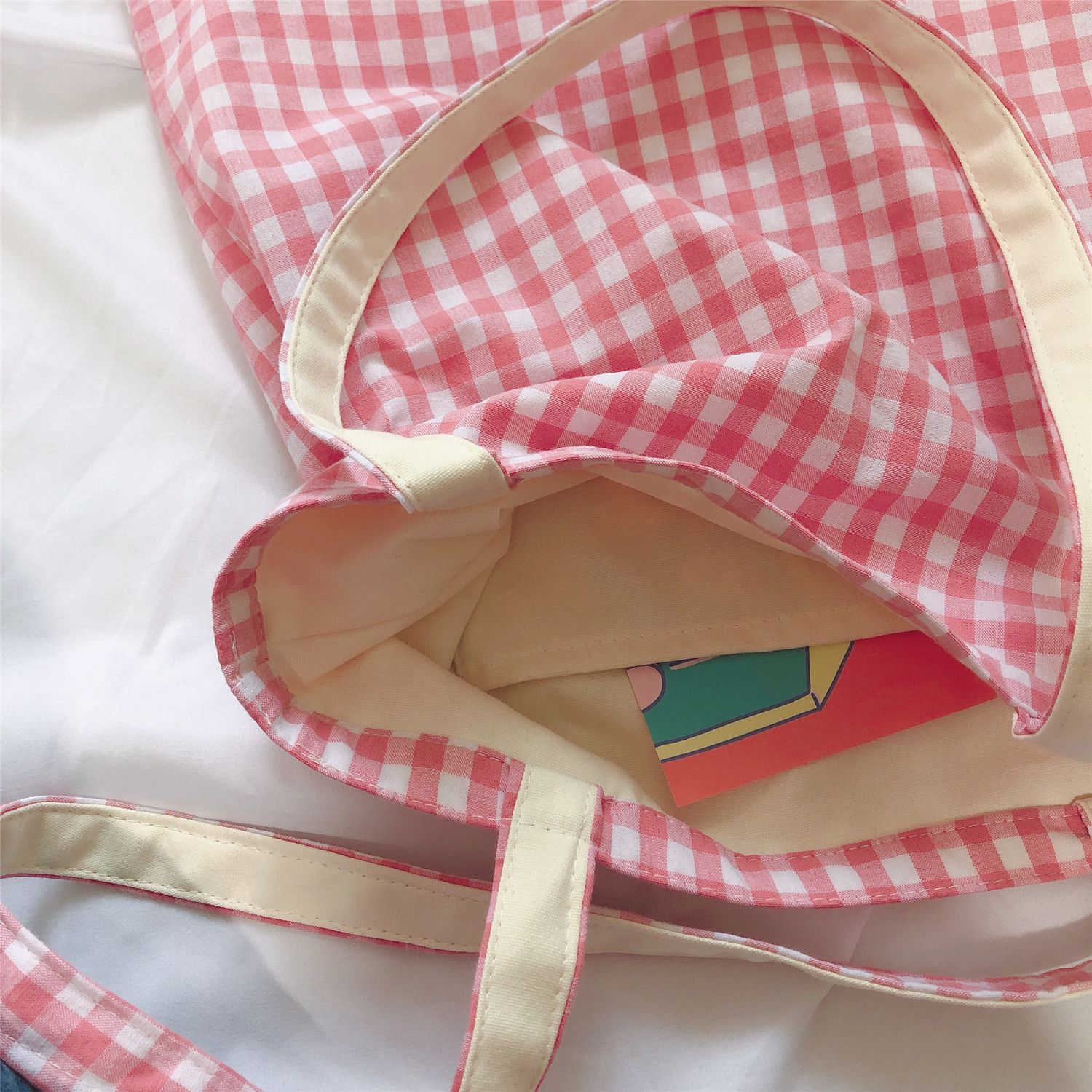 休閒格子單肩手提帆布袋-粉紅色 (37*35cm)