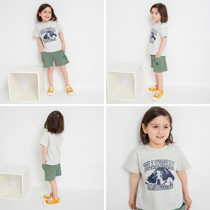 日本 BRANSHES - 童趣印花短袖上衣-方塊字母-米白x灰