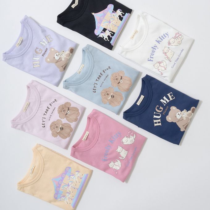 日本 Lycee mine - 100%棉 可愛少女印花長袖上衣-長毛狗狗-淡粉紅