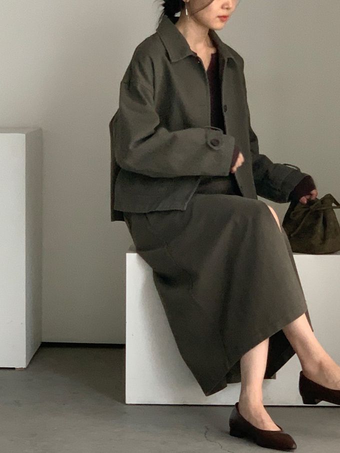 韓國女裝連線 - 後鬆緊鈕扣點綴A字長裙-灰軍綠 (FREE)