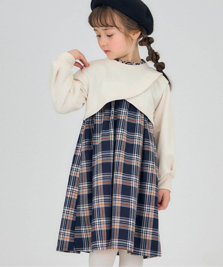 日本 apres les cours - 假二件交叉拼接氣質少女洋裝-白x格紋