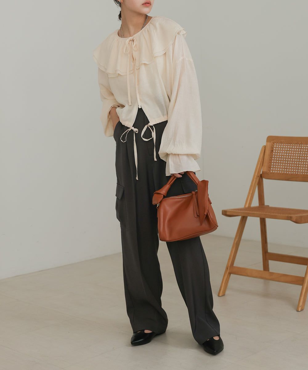 日本 Bab - 浪漫荷葉層次糖果袖襯衫-淺灰