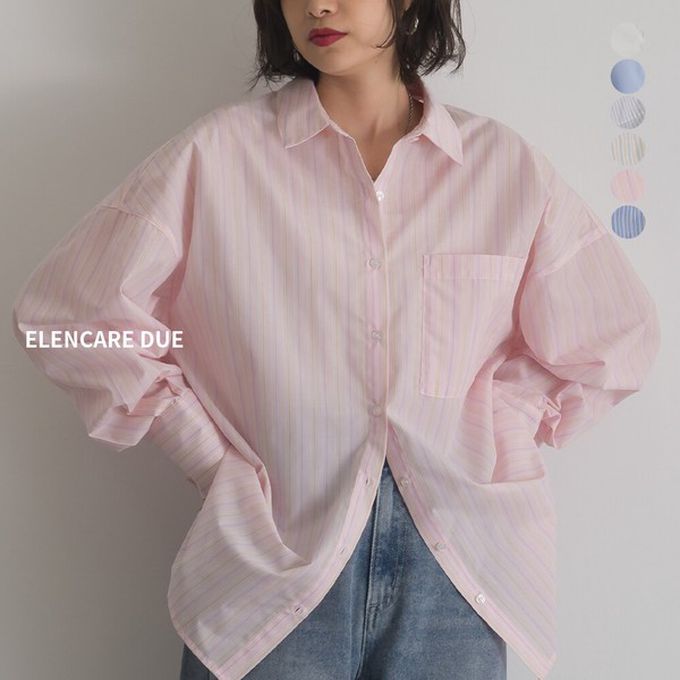 日本 ELENCARE DUE - 男友風寬鬆率性感長袖襯衫-粉紅直條紋