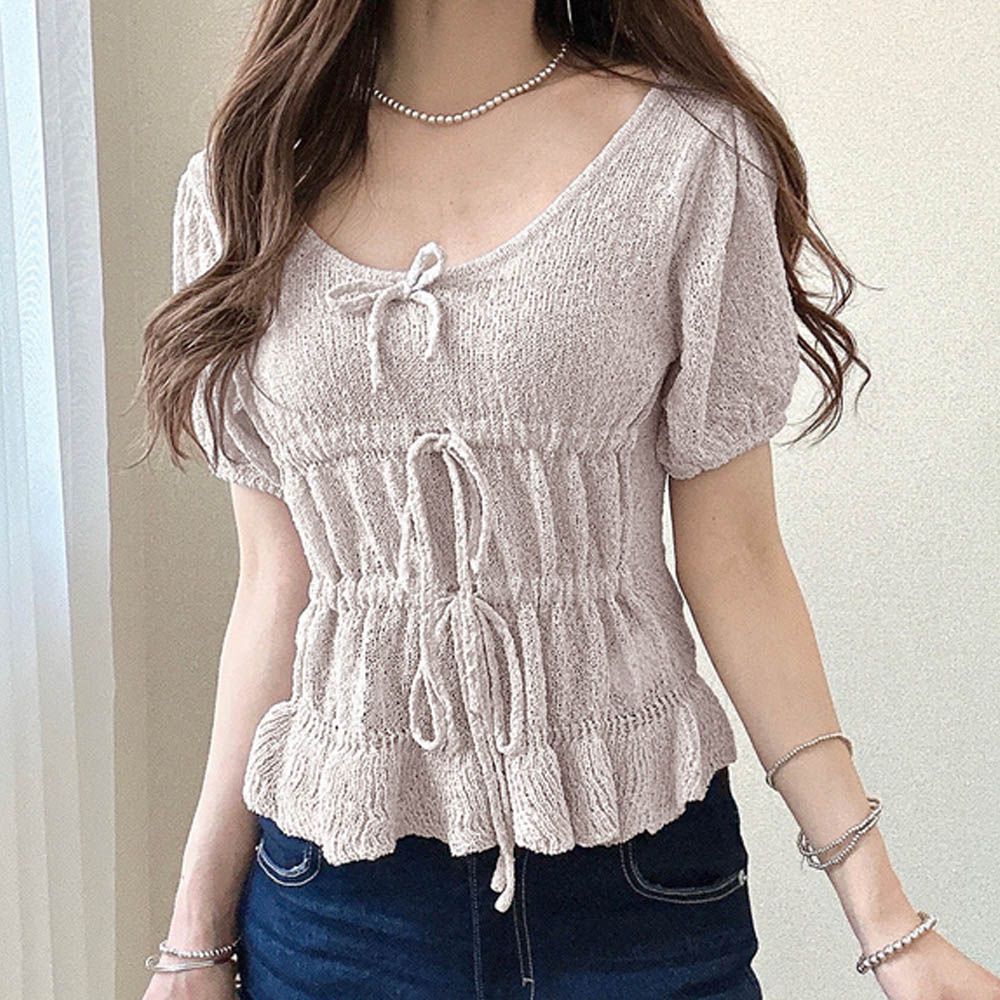 綁帶大U領透膚感薄針織短袖上衣-淺灰杏 (F)