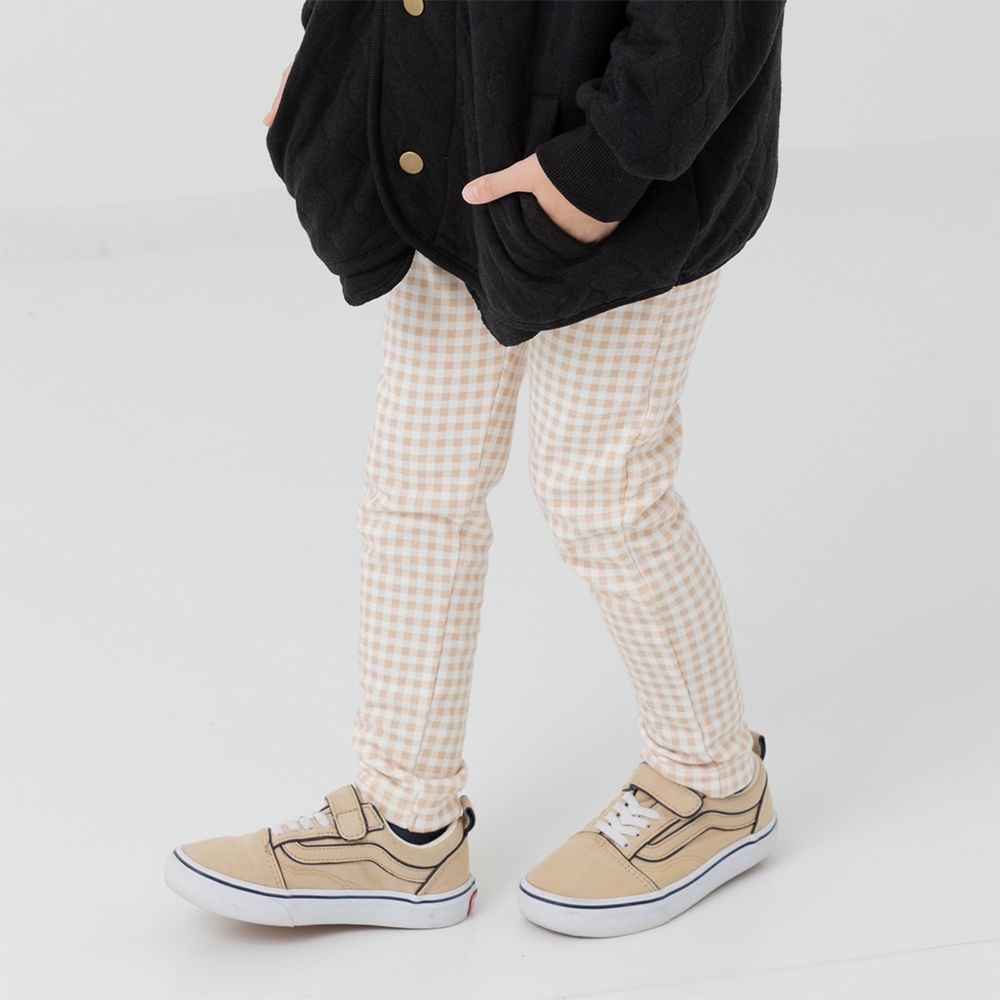 熱銷！刷毛保暖彈力合身長褲-格子-卡其