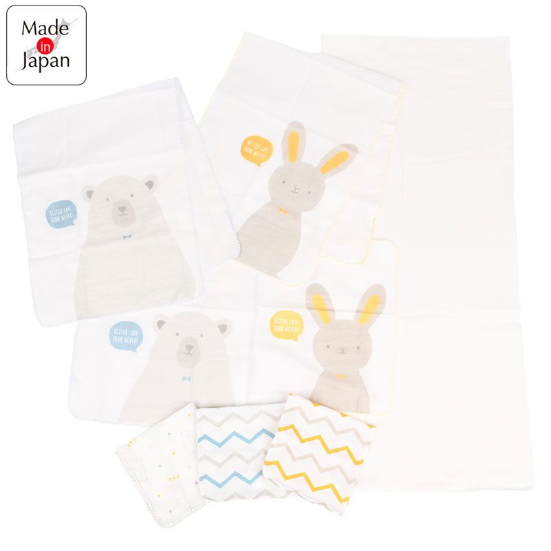 akachan honpo - 日本製沐浴毛巾&棉紗毛巾8件組-兔子白熊-棉紗浴巾：70㎝×120㎝（1條）棉紗洗澡巾：27㎝×70㎝（2條）棉紗手帕：27㎝×27㎝（5條）