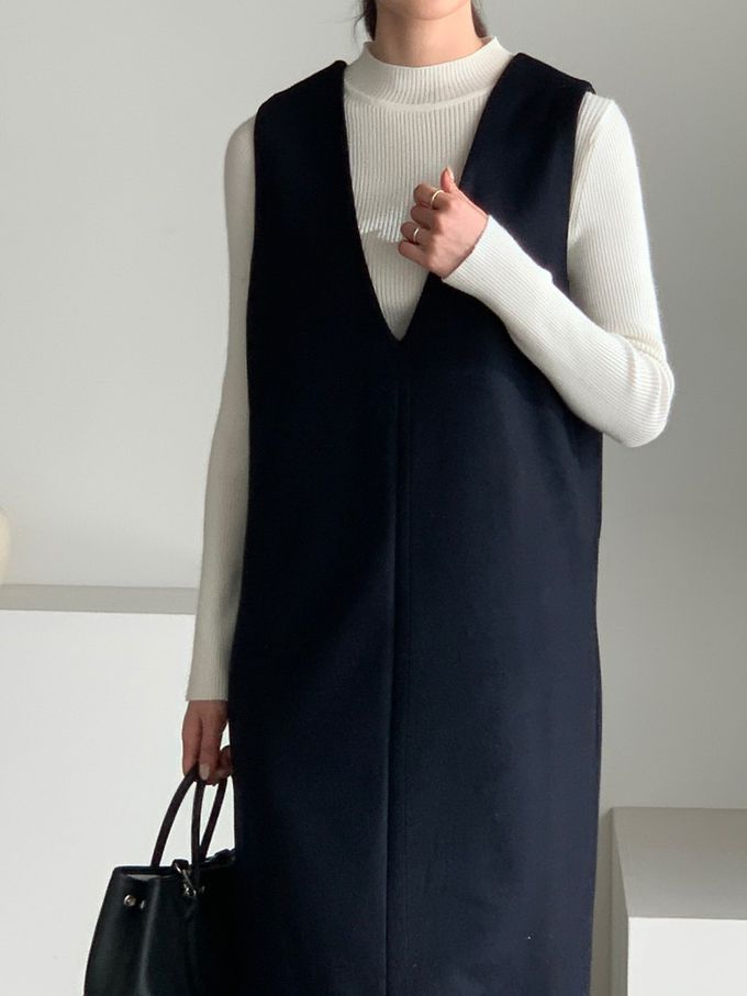 韓國女裝連線 - 簡約V字混羊毛側開連身洋裝-深藍 (FREE)