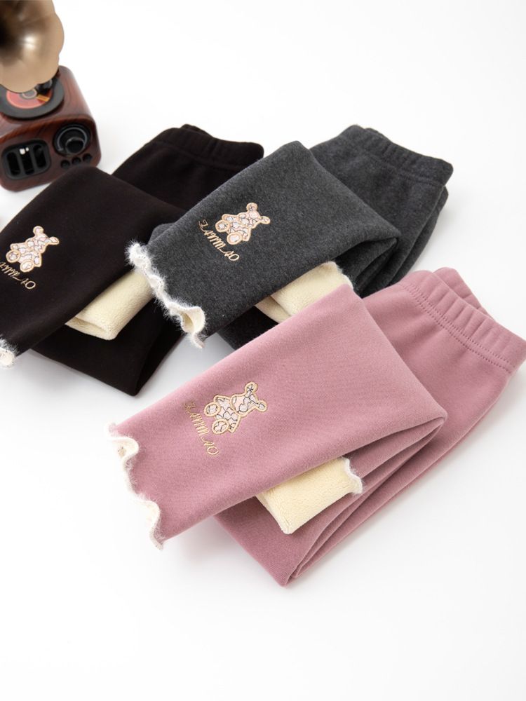 FANMOU - 加絨腰鬆緊保暖內搭褲-可愛熊熊-粉紅色