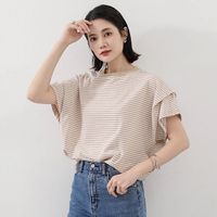 Yukié - 包色推薦！超顯瘦壓褶法式袖上衣-卡其條紋 (F)