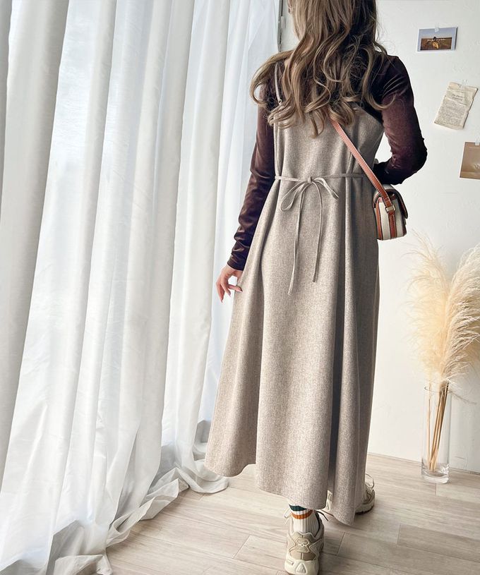 日本 Classical Elf - 秋冬感百搭花呢細肩帶傘狀洋裝-奶茶灰