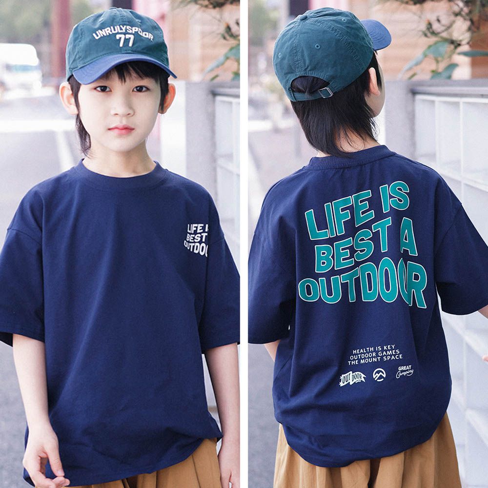 純棉圓領短袖上衣-字母印花-藏青