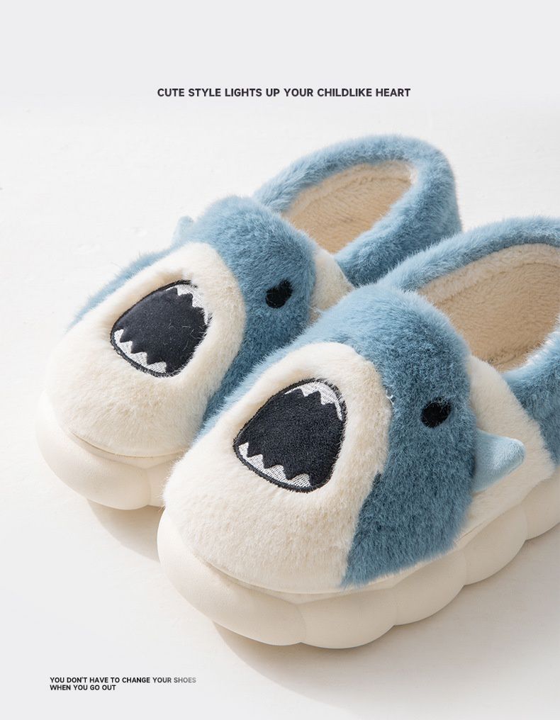 立體造型毛絨暖暖包跟室內拖鞋-鯊魚-深灰色