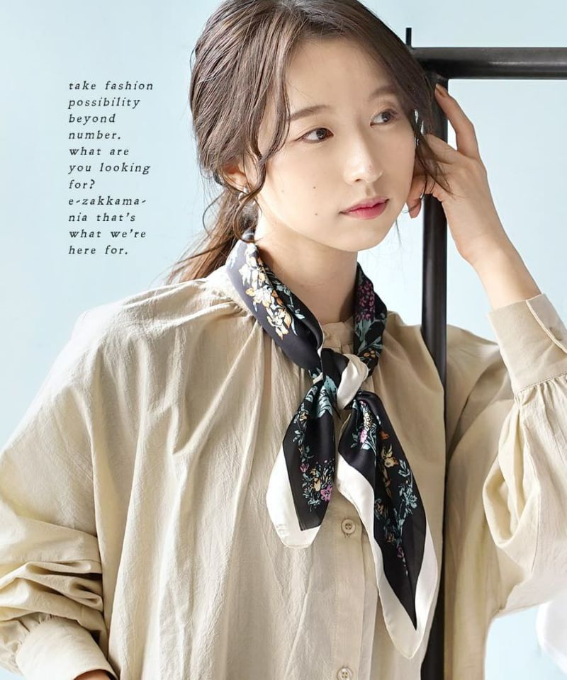 日本 zootie - 歐風質感時尚絲巾-植物圖鑑-黑x杏