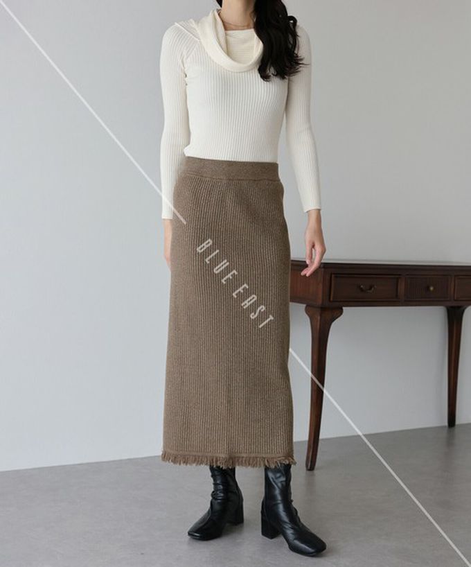 日本 BLUE EAST - 微閃亮羅紋針織流蘇開叉鉛筆裙-摩卡