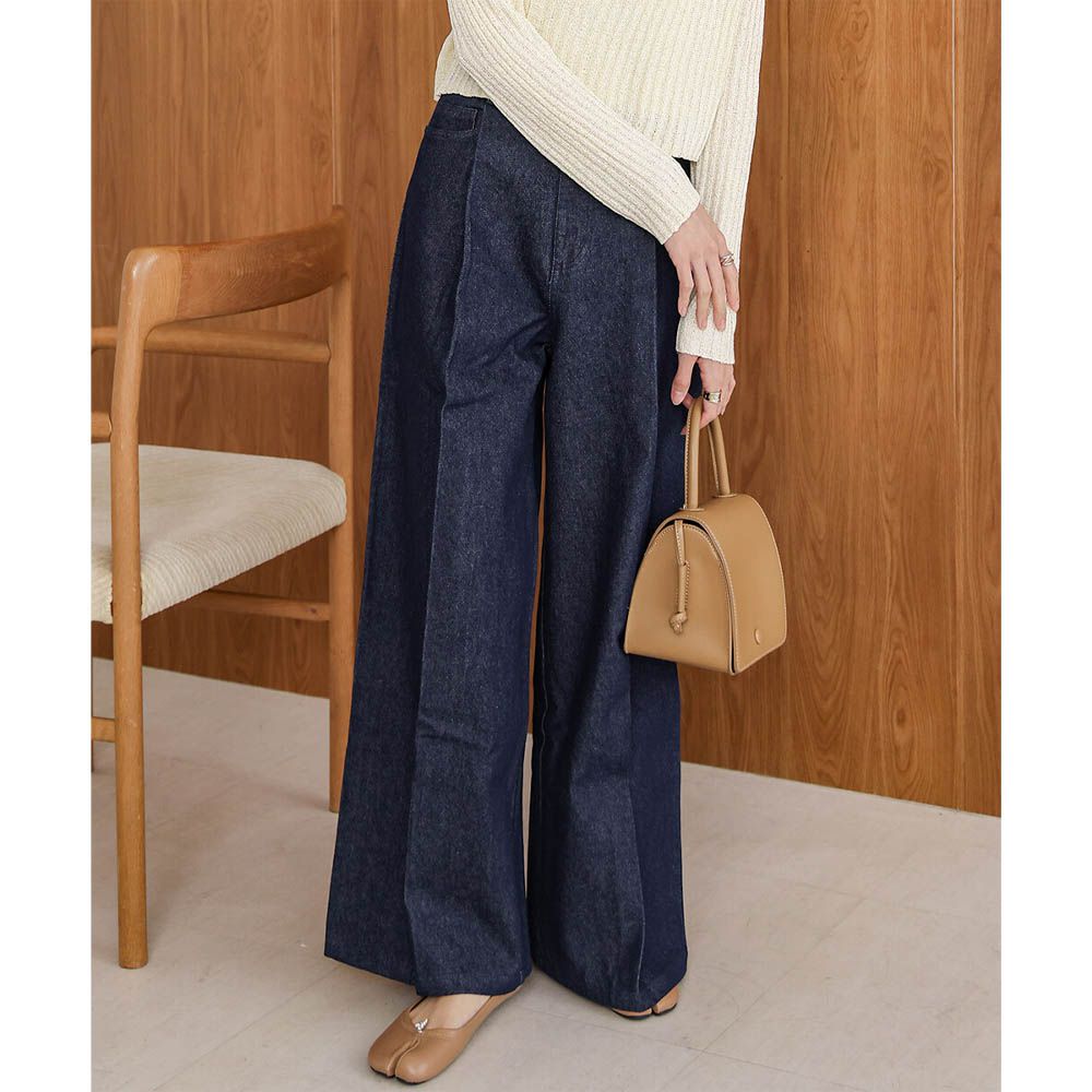 腳長效果 摺線丹寧印度棉寬褲-靛藍