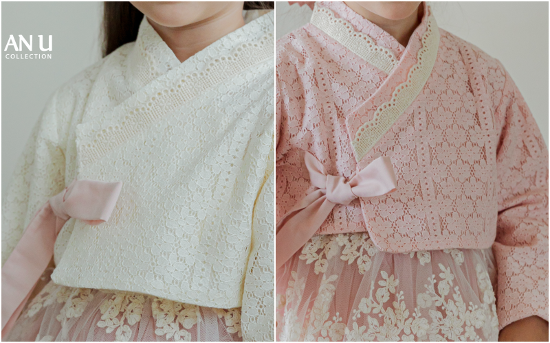 韓國 Mari an u - 透膚蕾絲裝飾網紗韓服-米白X粉紅