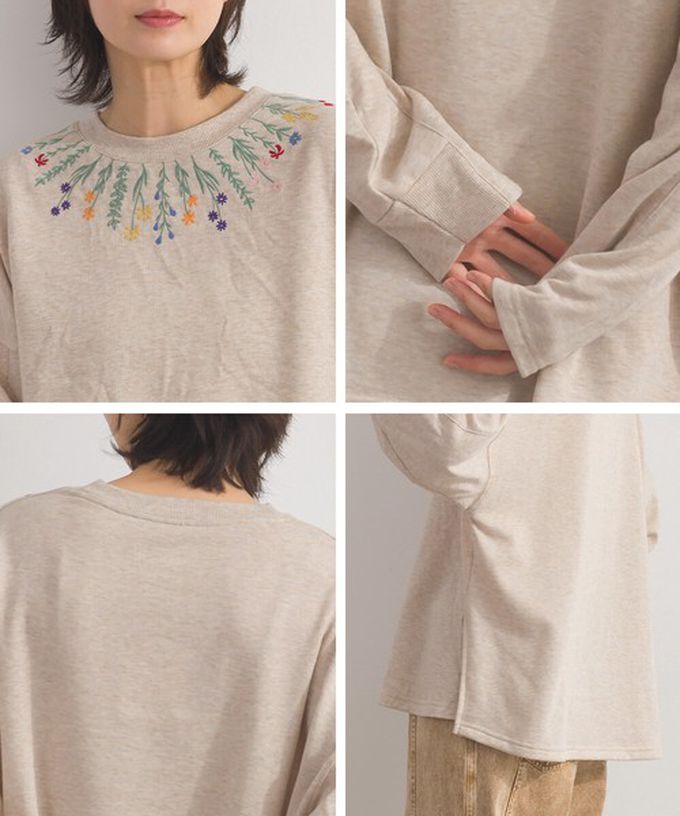 日本 Lupilien - 彩色刺繡花卉領裏毛長袖上衣-炭灰
