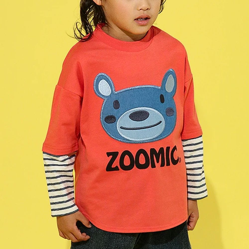 丹寧風小熊長袖上衣-假二件袖-紅