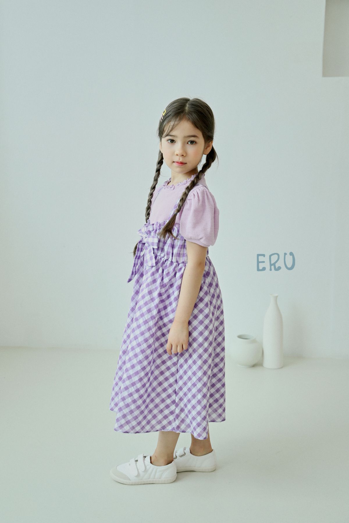 韓國 ERU - 胸前蝴蝶結格子吊帶裙-藍