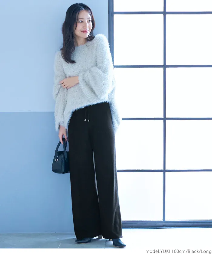 日本 COCA - 百搭美腿針織彈性垂墜寬褲-軍綠