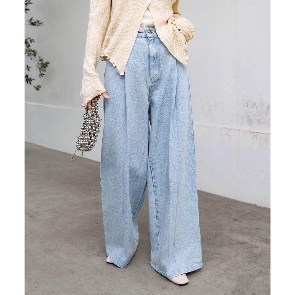 腳長效果 摺線丹寧印度棉寬褲-淺藍