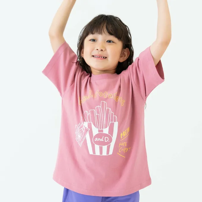 日本 petit main - 100%棉 塗鴉系食物印花短袖上衣-蘇打汽水-米杏