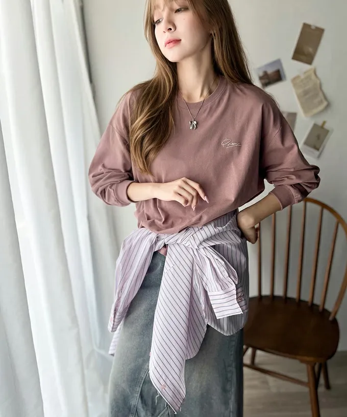 日本 Classical Elf - 胸口簡約刺繡純棉長袖上衣-灰粉