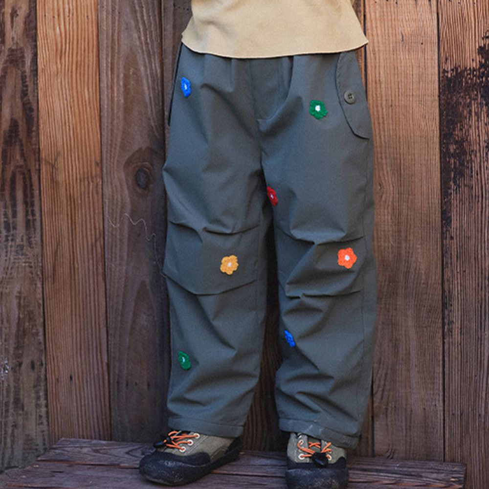 防潑水加絨保暖工裝長褲-小花刺繡-綠色