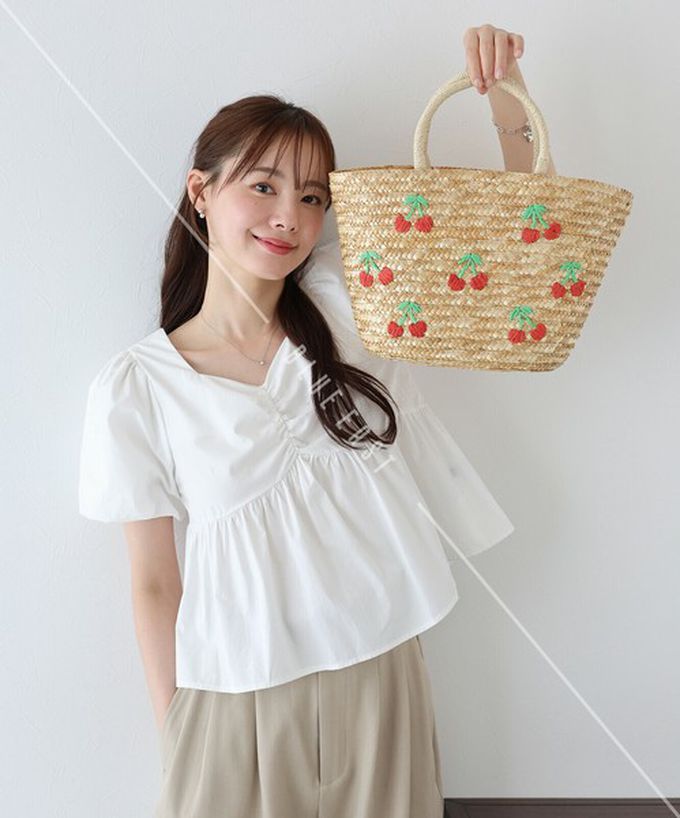 日本 BLUE EAST - 可愛水果刺繡夏日草編手提包-櫻桃