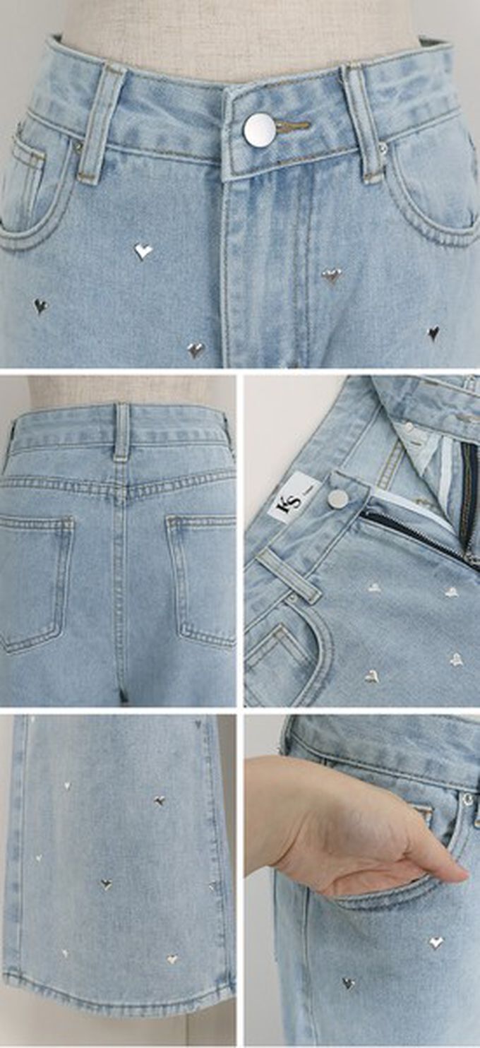 日本 BLUE EAST - 滿版愛心鉚釘高腰丹寧寬褲-淺藍