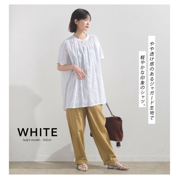 日本 OMNES - 100%棉 透膚感緹花短袖寬版襯衫-咖啡