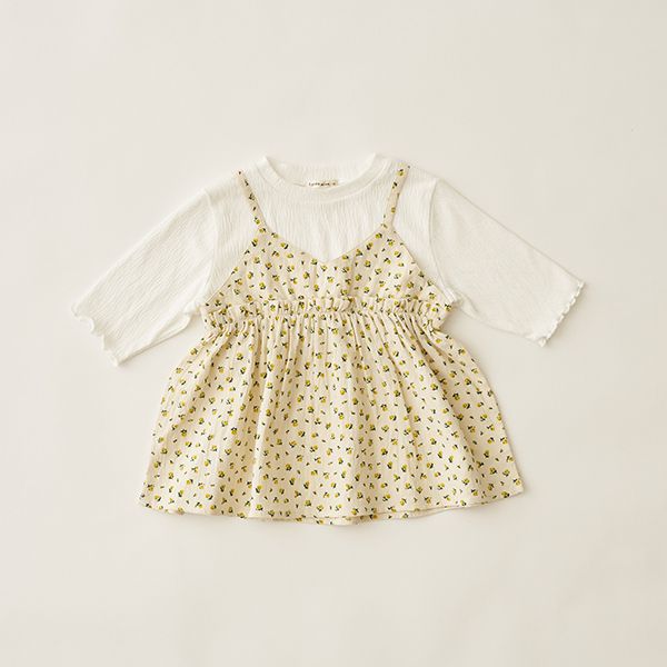 日本 Lycee mine - 假二件吊帶五分捲邊袖上衣-灰x藍花