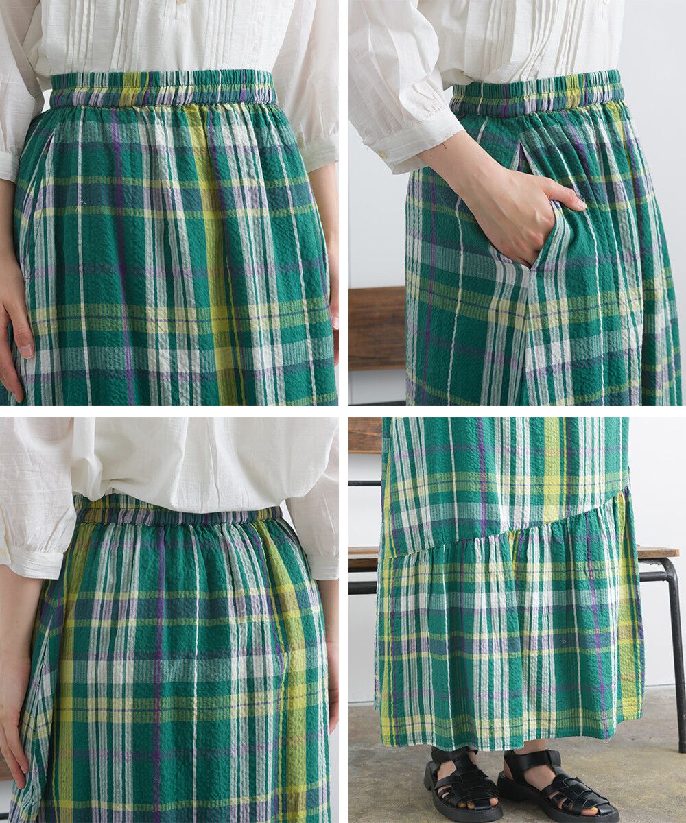 日本女裝代購 - 100%印度棉 超透氣飄逸長裙-大格紋-淺米杏