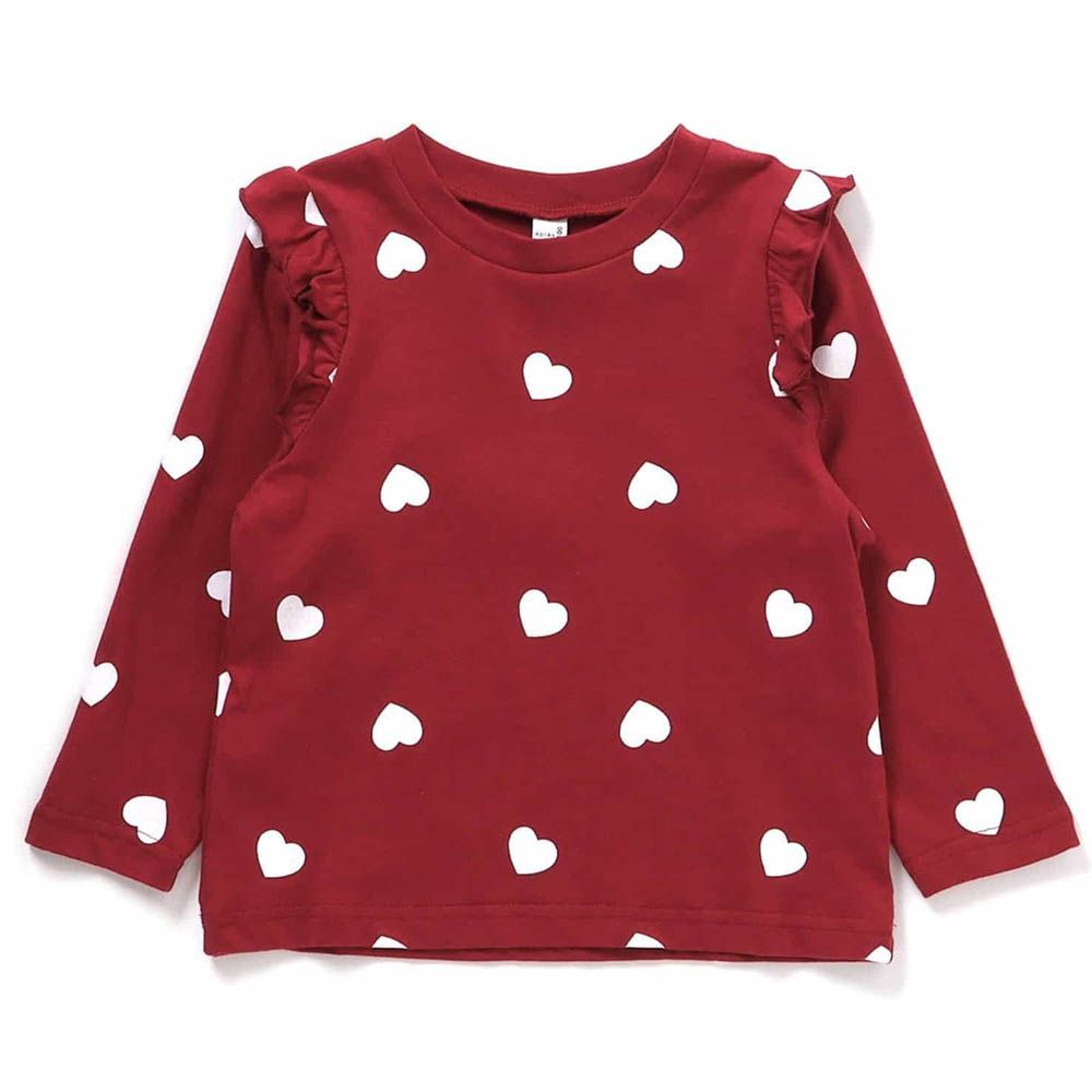 天天穿荷葉肩印花長袖上衣-滿版愛心-紅