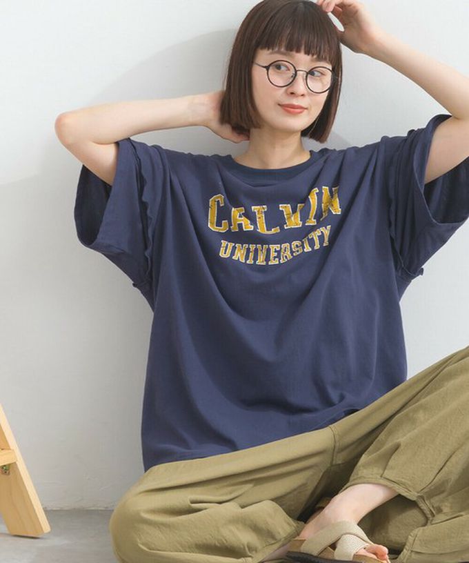 日本 Lupilien - 接觸冷感 學院風印花荷葉寬袖上衣-橘