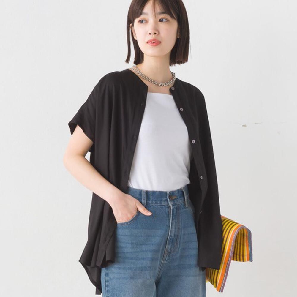 日本 OMNES - 嫘縈休閒感法式袖上衣-素面-黑色