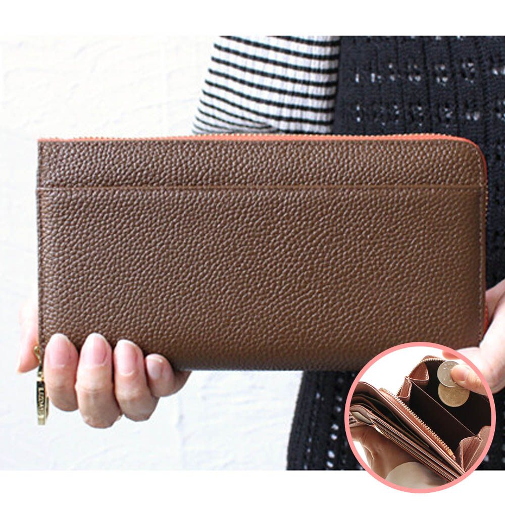 [樂天No.1] 超強收納防盜設計長夾-撞色-深棕x橘 (20x10.5cm)