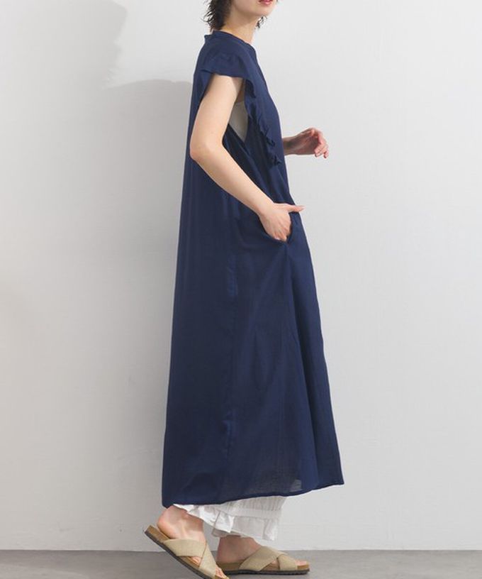 日本 Lupilien - 嫘縈混紡開襟柔軟荷葉短袖洋裝-海軍藍