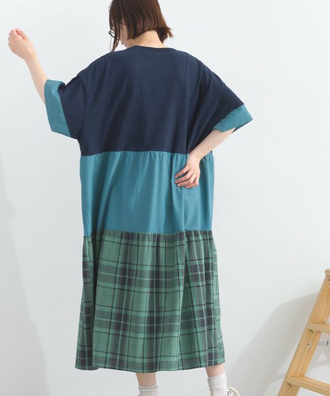日本 Lupilien - 復古學院風 撞色格子拼接短袖洋裝-藍綠
