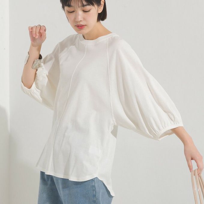 日本 OMNES - 抗透汗 薄透氣球七分袖上衣-水藍