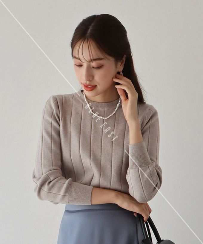 日本 BLUE EAST - 圓領粗坑條長袖針織上衣-奶油杏