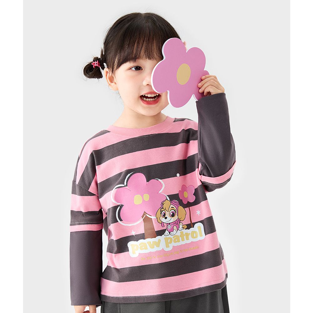 卡通汪汪隊假兩件長袖上衣-卡通人物天天-粉色條紋