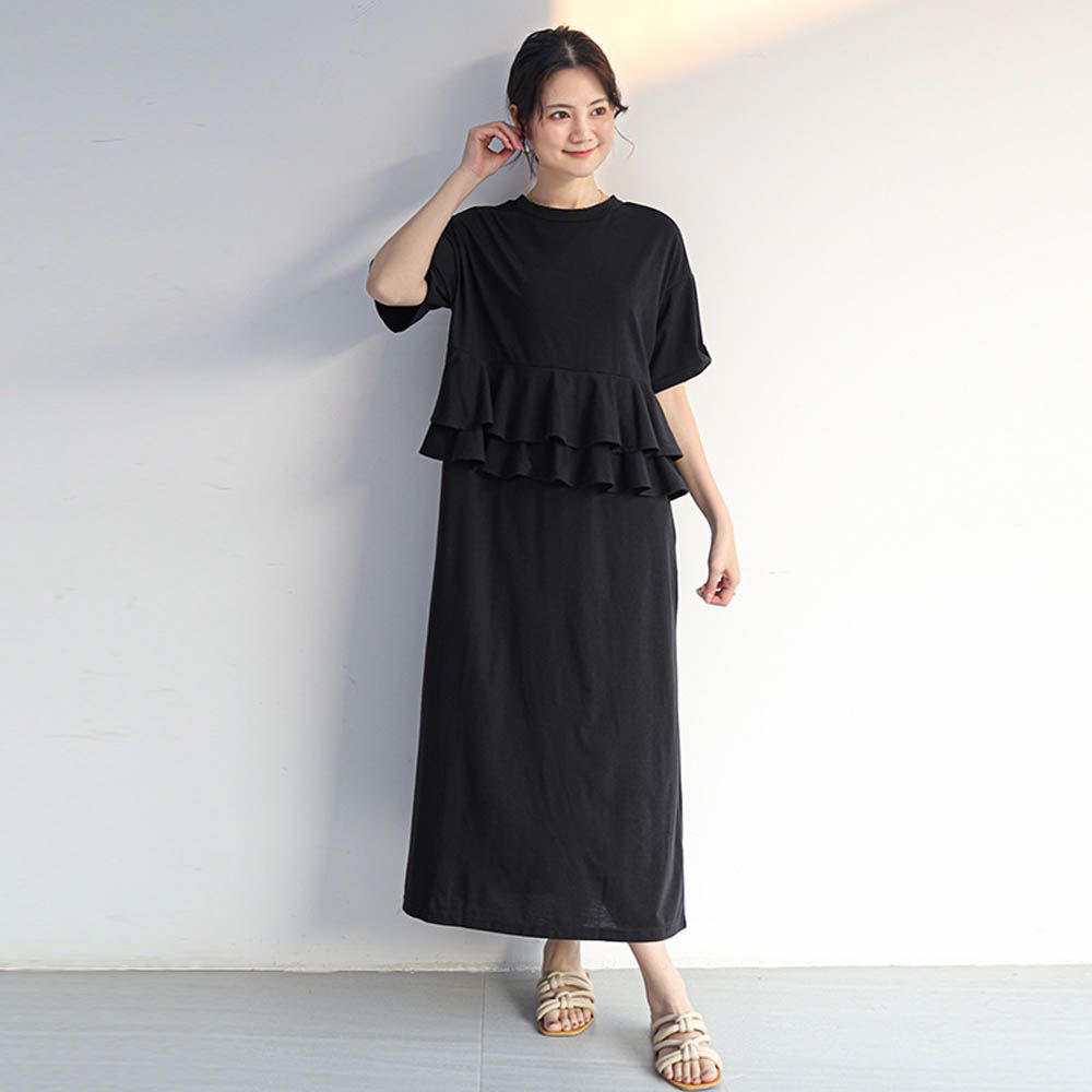 前後2way荷葉邊百搭長洋裝-黑色