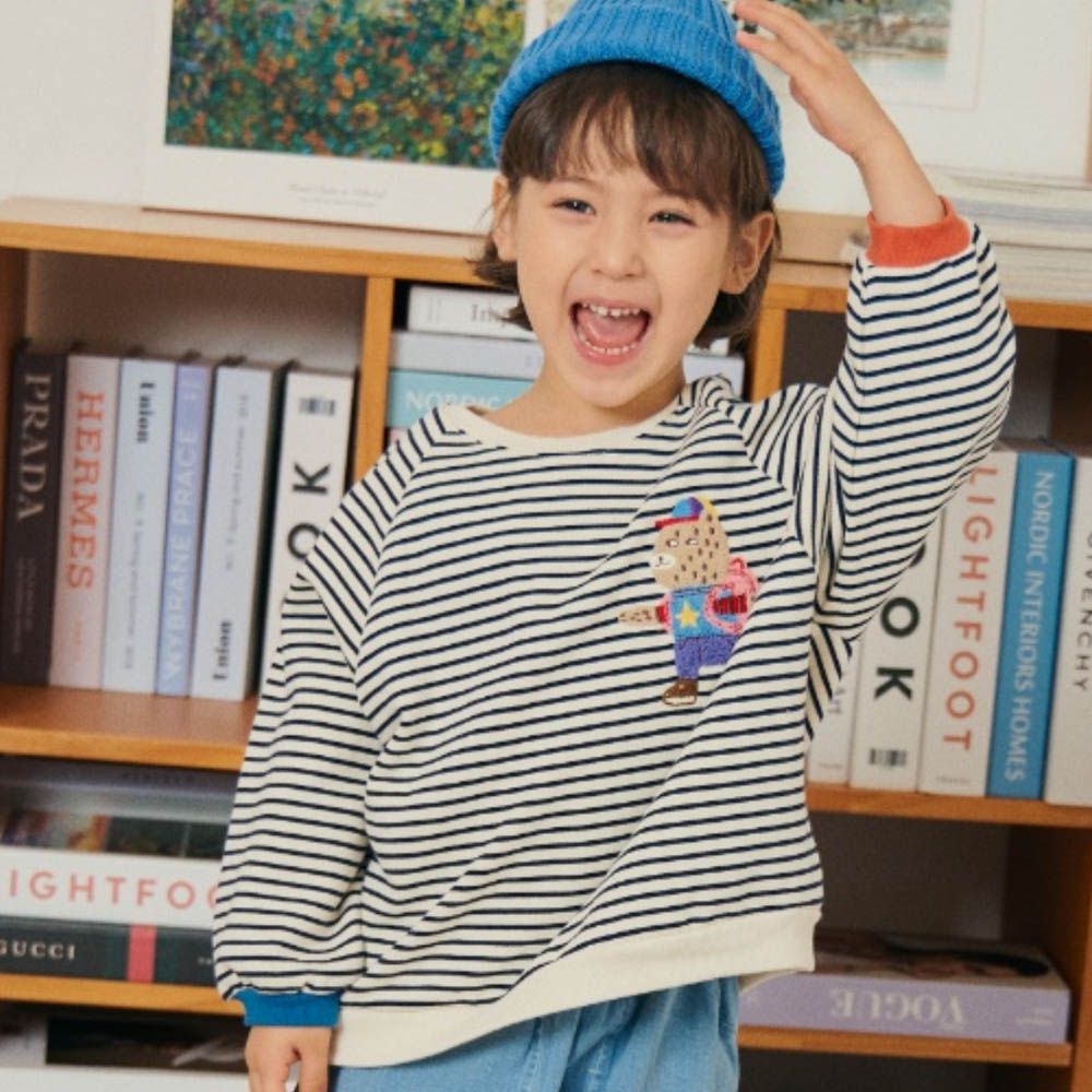 絨毛動物裝飾條紋長袖上衣-斑點熊-黑藍