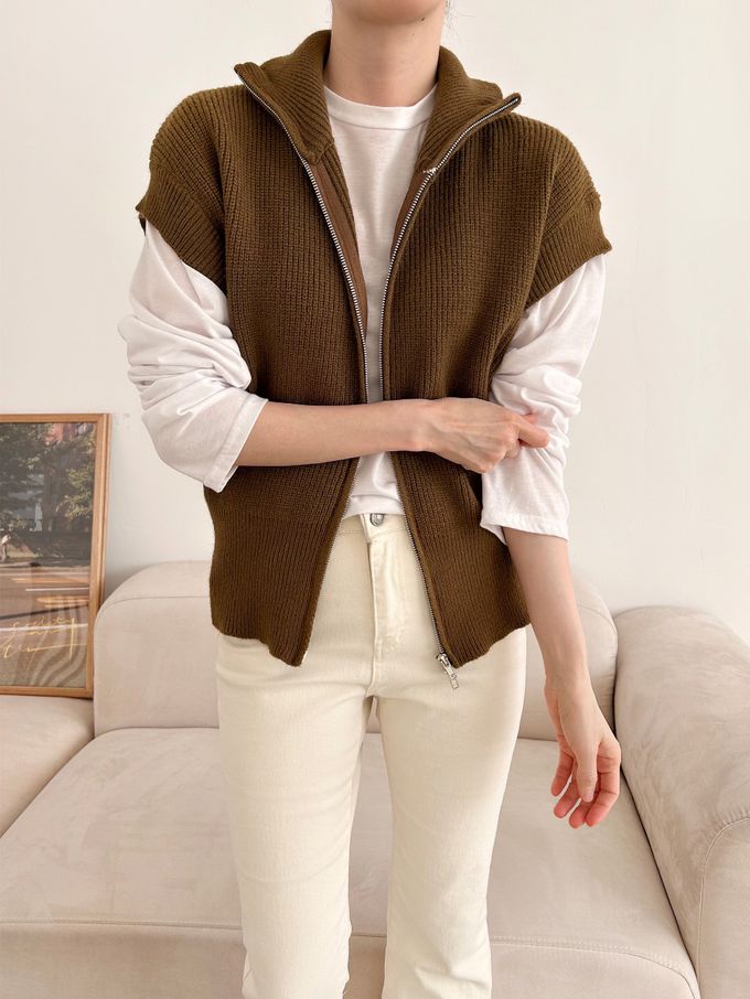 韓國女裝連線 - 簡約針織拉鍊立/翻領搭配背心-米白 (FREE)