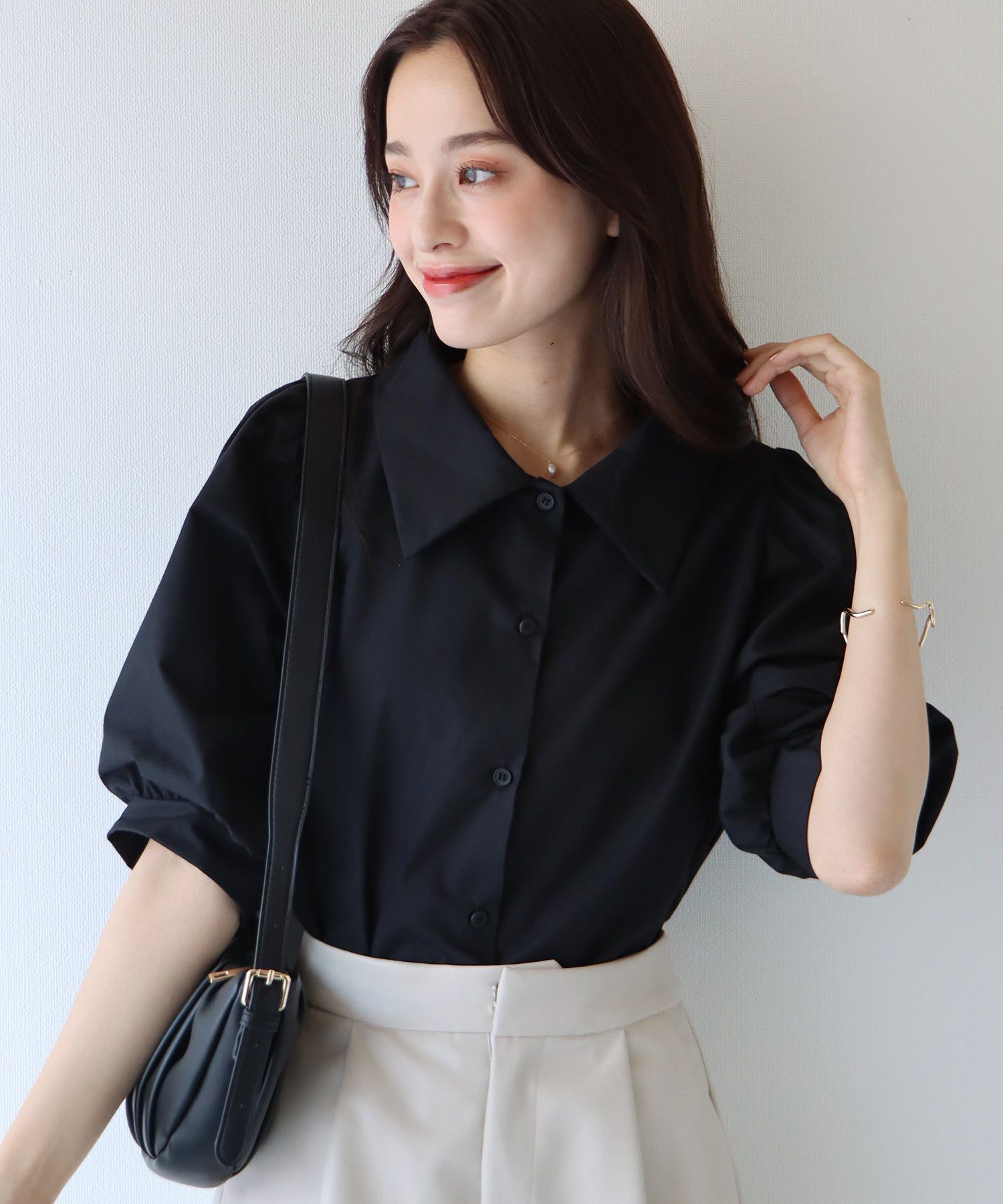 日本 BLUE EAST - 百搭翻領澎澎袖襯衫-直條紋-水藍